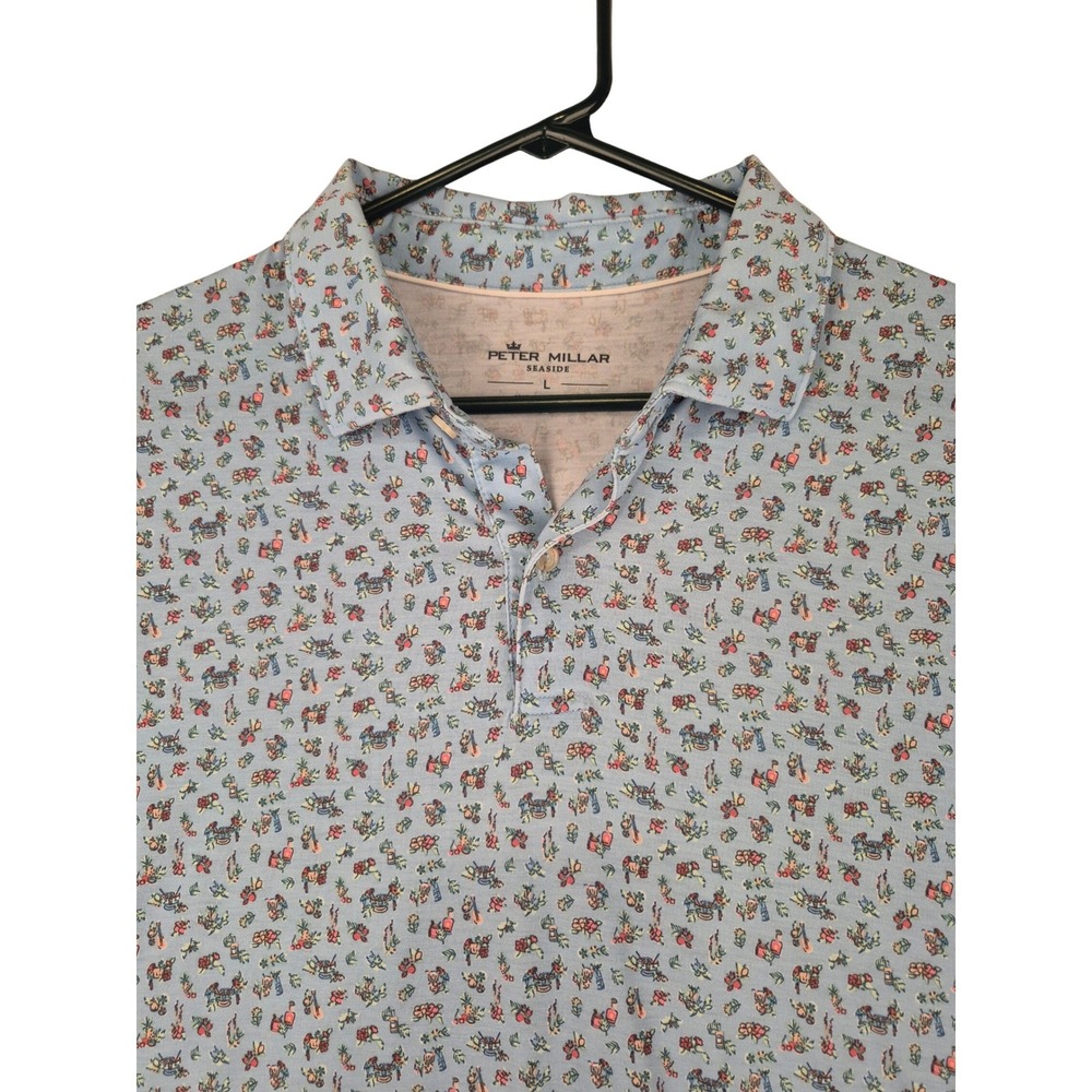 Peter Millar Seaside Mens Large Blue Tropical Cocktail Print Performance Polo